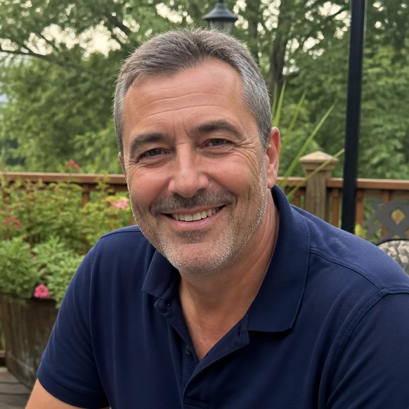 Homme senior souriant en terrasse